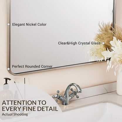ANDY STAR 40x36 Inch Brushed Nickel Bathroom Mirror, Rounded Rectangle Bathroom Vanity Mirrors for Wall, Anti-Rust SUS304, Seamless Tube Metal Frame, 1’’ Deep Wall Mounted Vertically/Horizontal