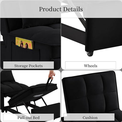 KEIKI Velvet Single Convertible Sleeper Chair Sofa Bed with Adjustable Backrest, Pillows & Storage Pockets, 3 in 1 Pull-Out Couch Chaise Lounge Recliner for Living Room Balcony Bedroom, Black