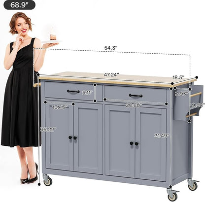 Rovibek Large Kitchen Island on Wheels with Storage 54 in Width Mobile Moveable Portable Rolling Wood Islandfor Kitchen Dining Room with Drawers Cabinet Spice Rack Towel Rack