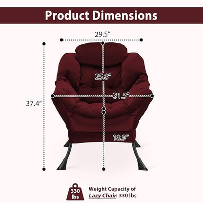 Lazy Chair Thick Padded, Comfy Velvet Accent Lounge Chair with Stable Frame, Leisure Sofa Armchair with Armrests and Side Pocket, Reading Chair for Bedroom, Living Room, Office, Burgundy