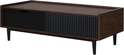 Manhattan Comfort Duane Mid Century Modern Coffee Table with Drawer & Cubby Shelf, Living Room Furniture with Ribbed Flat Design, Wood Grain Laminate Finish & Durable Iron Metal Feet, Black