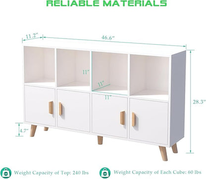 Cubby Shelf Bookcase with Doors - Wooden 8 Cube Floor Standing Open Bookshelf with Solid Wood Legs, 2-Tier Low Storage Cabinet, Warm White