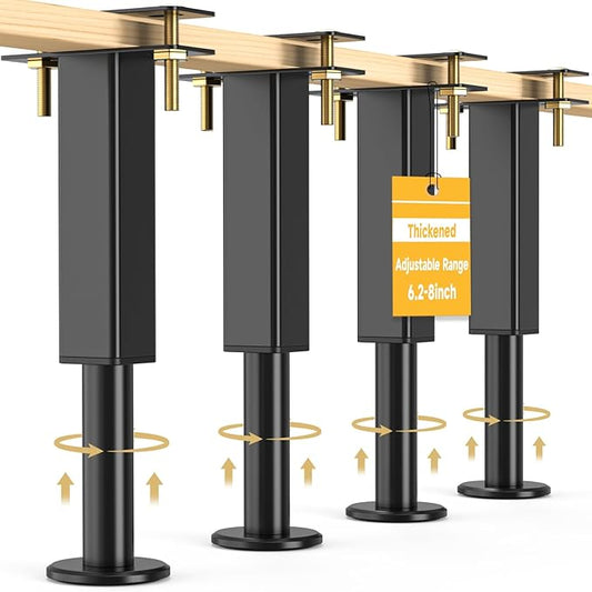 4PCS Adjustable Height Bed Support Legs, 6.2-8 Inch, Metal Heavy Furniture Legs with Rubber Non-Slip Base for Sofa/Cabinet/Couch/Dresser/Table, Furniture Feet Replacement for King Queen Bed Frame Slat