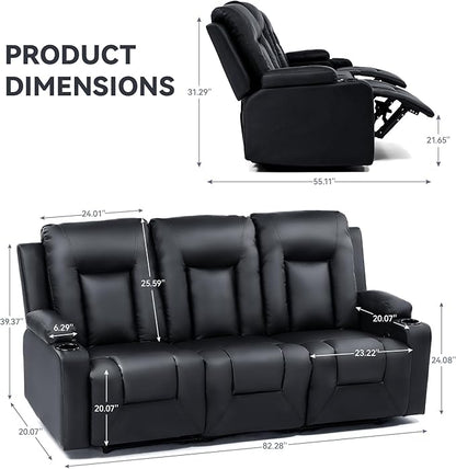 COMHOMA Living Room Furniture Set, Bonded Leather Sofa with Cup Holder Recliner Chair, 3, Black