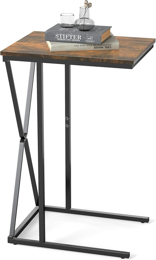 Manora TV Dinner Tray Table, C Shaped End Table for Couch, Rustic Brown Slide Under Couch Table for Small Space, Living Room or Bedroom