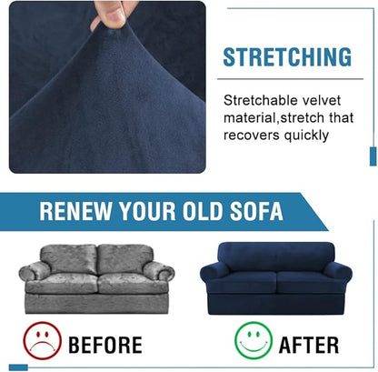 H.VERSAILTEX Sofa Cover 3 Piece T Cushion Sofa Slipcovers Thick Velvet Couch Cover Furniture Protector Stretch T Cushion Sofa Covers for 2 Cushion Couch with 2 Individual T Cushion Covers, Navy