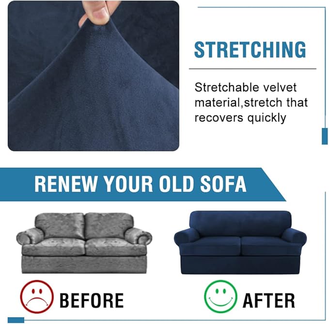 H.VERSAILTEX Sofa Cover 3 Piece T Cushion Loveseat Slipcovers Thick Velvet Couch Cover Furniture Protector Stretch T Cushion Sofa Covers for 2 Cushion Couch with 2 Individual T Cushion Covers, Navy