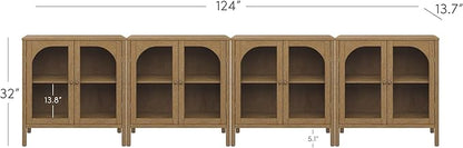 Nathan James Mason TV Stand, Free Standing Accent Sideboard Buffet, Credenza with Glass Doors and Adjustable Shelf in Brushed Light Brown Wood for Dining Room, Entryway and Living Room, Set of 4