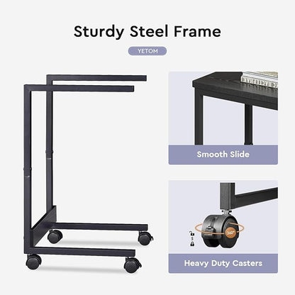 Side Table,C Table with 2-Tier Storage Shelf, End Table with Metal Frame, Sofa Table with Wheels for Living Room, Bedroom, Office, Bathroom, Easy Assembly, Black
