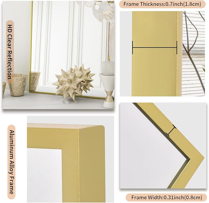 Koonmi Gold Rectangle Wall Mirror, 20x30 Inch Bathroom Mirror, Aluminum Frame Vanity Mirror for Entryway, Living Room, Bedroom Bathroom, Hangs Horizontally or Vertically