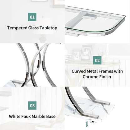 O&K FURNITURE Silver Glass Console Tables for Entryway,Glass Entryway Table with Curved Frames and Marble Base, Modern Entrance Table Sofa Table for Living Room,Hallway,Silver Glass&White Marble