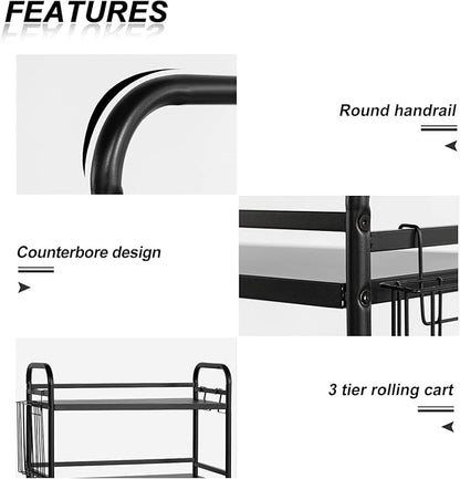 HDANI 3 Tier Metal Rolling Utility Cart,High Capacity Multi Purpose Heavy Duty Cart,for Office,Kitchen,Living Room,Bedroom,Etc.(Black)…