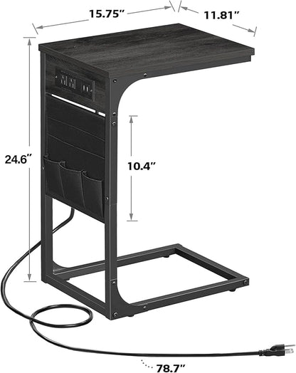 TUTOTAK C Shaped End Table with Charging Station, Side Table for Sofa, Couch Table with Storage Bag, Set of 2, TV Tray Table with 2 USB Ports and Outlets for Living Room, Bedroom, TB01BY0242