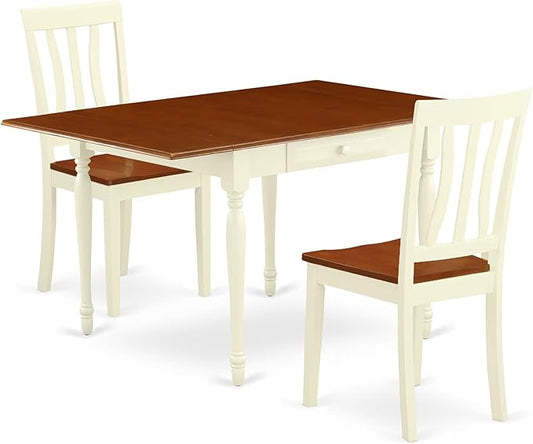 East West Furniture MZAN3-WHI-W 3 Piece Kitchen Table & Chairs Set Contains a Rectangle Dining Table with Dropleaf and 2 Dining Room Chairs, 36x54 Inch, Buttermilk & Cherry