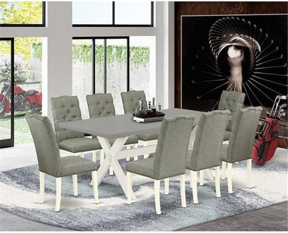 East West Furniture X097EL207-9 9 Piece Dining Set Includes a Rectangle Dining Room Table with X-Legs and 8 Gray Linen Fabric Upholstered Parson Chairs, 40x72 Inch, Multi-Color
