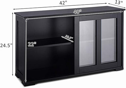 Costzon Kitchen Storage Sideboard, Antique Stackable Cabinet for Home Cupboard Buffet Dining Room (Black Sideboard with Sliding Door Window)
