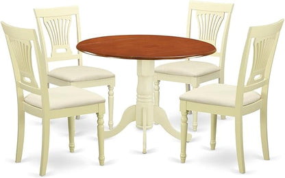 East West Furniture DLPL5-BMK-C 5 Piece Dinette Set for 4 Includes a Round Dining Table with Dropleaf and 4 Linen Fabric Dining Room Chairs, 42x42 Inch, Buttermilk & Cherry