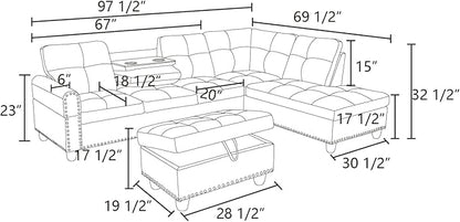 L Shaped Sectional Sofa with Ottoman, Nail-Head Design Leather Right Facing Modern Couches with Cup Holder for Living Room, Bedroom, Office, Ginger