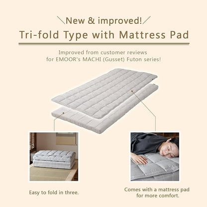 EMOOR Japanese Tri-fold Futon Mattress Machi with Mattress Pad Small-Twin Gray, Gusset Foldable Storable Washable Floor Sleeping Guest Bed Tatami Mat