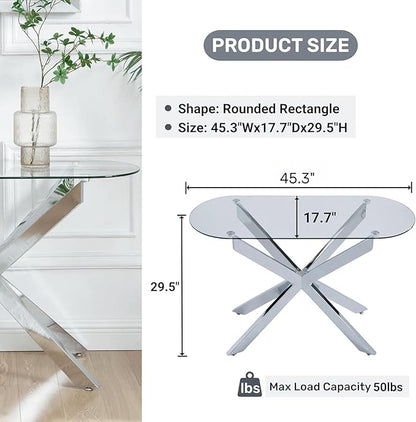 Modern Glass Oval Console Table, Entryway Hallway Narrow Sofa Table, Entrance for Entryway, Living Room, Foyer, Hallway, Office, 45" Lx18 Wx30 H Silver