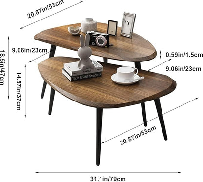 Midcentury Nesting Coffee Table Set of 2, Mid Century Modern Walnut Wood Oval Coffee Tables for Living Room, Compact Coffee Table and Side Table Set for Sofa Bedside Office Balcony or Small Spaces