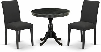 East West Furniture AMAB3-ABK-24 3 Piece Modern Dining Table Set Contains a Round Kitchen Table with Pedestal and 2 Black Color Linen Fabric Upholstered Chairs, 36x36 Inch, Wirebrushed Black