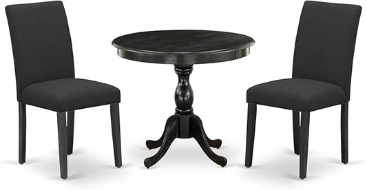 East West Furniture AMAB3-ABK-24 3 Piece Modern Dining Table Set Contains a Round Kitchen Table with Pedestal and 2 Black Color Linen Fabric Upholstered Chairs, 36x36 Inch, Wirebrushed Black