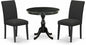 East West Furniture AMAB3-ABK-24 3 Piece Modern Dining Table Set Contains a Round Kitchen Table with Pedestal and 2 Black Color Linen Fabric Upholstered Chairs, 36x36 Inch, Wirebrushed Black