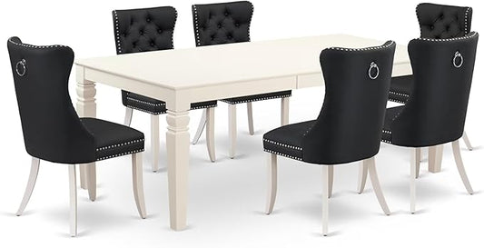 East West Furniture LGDA7-LWH-12 7 Piece Dining Set Includes a Rectangle Kitchen Table with Butterfly Leaf and 6 Polyester Fabric Upholstered Chairs, linen white