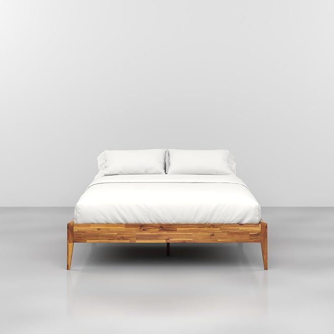 Bme Dinkee Wooden Queen Bed Frame, 15 Inch Height, Elegant Minimalist Modern Design with Japanese Joinery, Durable Wood Slats for Reliable Support, No Box Spring Required, Caramel