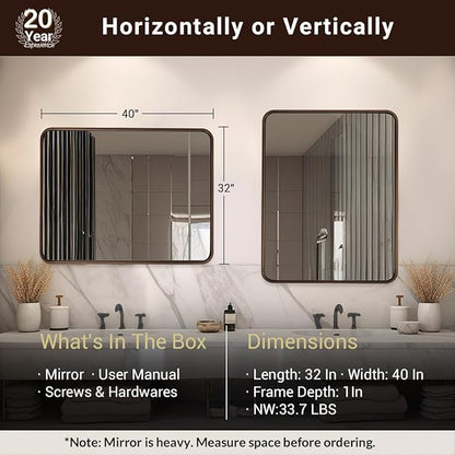 ANDY STAR 40x32 Inch Bronze Bathroom Mirror, Rounded Rectangle Oil Rubbed Bronze Mirrors for Bathroom,Tube Metal Framed, 1’’ Deep Wall Mounted Vertically/Horizontal