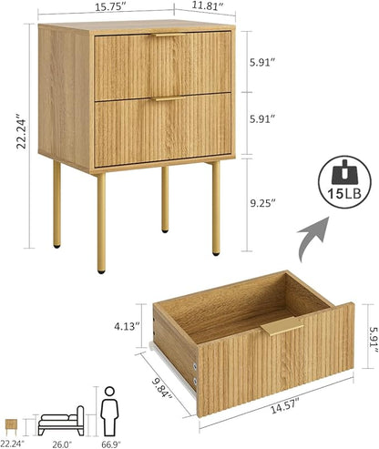 Masupu Night Stand,Mid-Century Modern Bedside Table with 2 Storage Drawer,Small Gold Frame Side End Table for Bedroom,Living Room, Natural