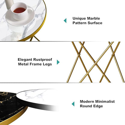 HLR Modern Round Side Table, End Table with Marble Effect Top and Gold Metal Frame, Small Side Table for Living Room, Bedroom, Sofa and Couch, Gold Legs, White Marble top