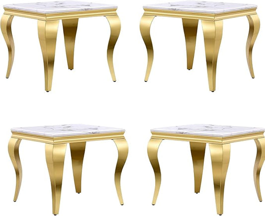 End Table, White and Gold Side Table for Living Room, Bedroom, Glam Stable End Table with Square White Top and Polished Gold Cabriole Legs, Set of 4
