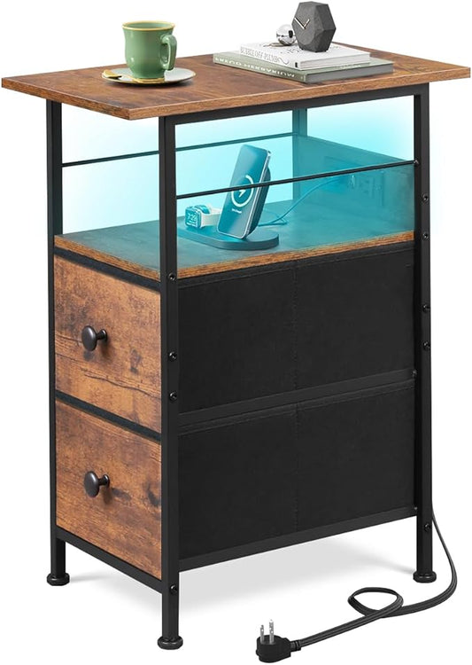 WLIVE Narrow Side Table with Charging Station, End Table with LED Lights,2 Fabric Drawers and Open Shelf, Bed Side Tables Living Room, Small Spaces, Bedroom, Night Stand with Charger Station