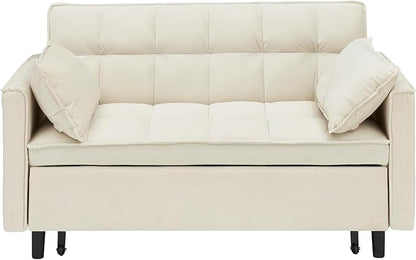 Ball & Cast Convertible Sofa Bed,Loveseat Sleeper Sofa W/Pull-Out Bed&2 Pillows,Convertible Pull Out Couch W/Adjustable Backrest&Side Pocket,Velvet Futon Couches for Living Room,Apartment,Beige,55"