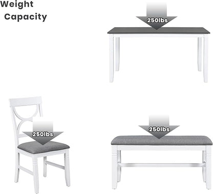 Ball & Cast 6 Piece Wood Dining Table Set,Kitchen Table Set with Upholstered Bench and 4 Dining Chairs,Farmhouse Living Room Furniture w/Carved Legs & Round Backrest,for Dining Room,Gray+White