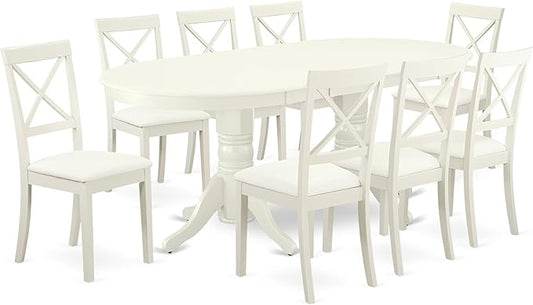 East West Furniture VABO9-LWH-LC 9 Piece Dining Set Includes an Oval Dining Room Table with Butterfly Leaf and 8 Faux Leather Upholstered Kitchen Chairs, 40x76 Inch, Linen White