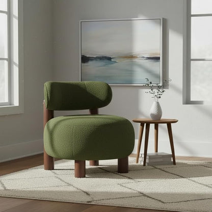 Modern Boucle Accent Chair Set of 2, with Plush Faux Sherpa Upholstery, Curved Backrest, Solid Wood Legs for Living Room Bedroom Reading Nook, 27.5", Green