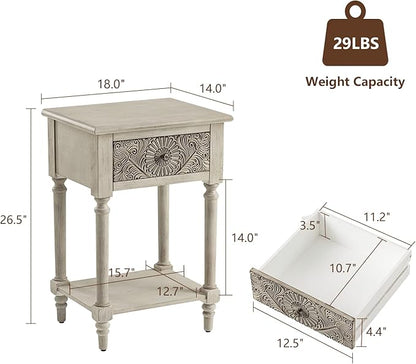COSIEST Vintage Nightstand, MDF 2-Tier Bedside Table, Wood Accent End Table with Storage Drawer and Open Display Shelf for Bedroom Living Room