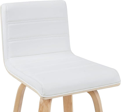 Vienna Modern Swivel Bar Height Stool with White Faux Leather Seat and Patterned Oak Wood Frame Set of 3