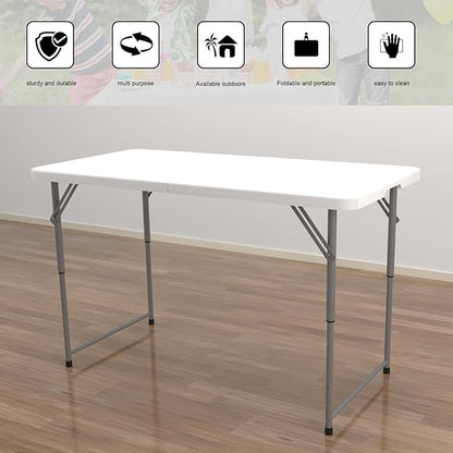 48" W x 24" D x 29.5" H - 4FT Adjustable Height Heavy Duty Plastic Fold-in-Half Foldable Table，White Portable Folding Table with Carrying Handle for Camping & Party