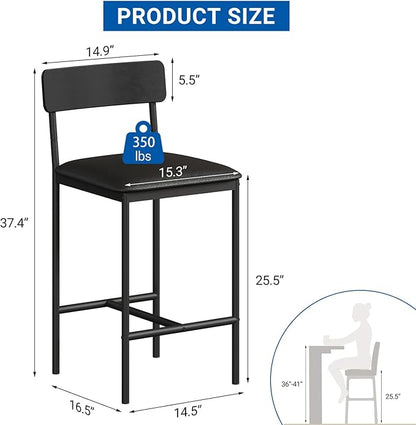 GarveeHome Bar Stools Set of 2, Upholstered Counter Height Bar Stools with Backrest and Footrest, Kitchen Barstools for Island, Counter Bar, Easy Assembly, Rustic Black