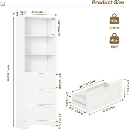 71" Tall Modern White Bookshelf with Storage 3 Drawers Freestanding Display Bookcase, Tall Book Shelf with Organizers and Storage, Display case for Home Office, Living Room,Study,White