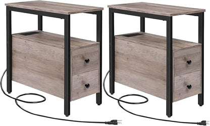 HOOBRO Set of 2 End Tables with Charging Station, Narrow Side Table with Drawers & USB Ports & Power Outlets, Nightstand for Small Spaces, Living Room, Stable, Greige and Black BG541BZP201