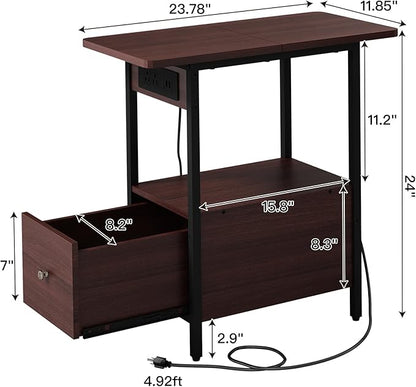 LIDYUK End Table with Charging Station, Narrow Side Table with Drawer and USB Ports & Power Outlets, Nightstand Bedside Tables for Small Spaces, Bedroom, Living Room, Dark Cherry