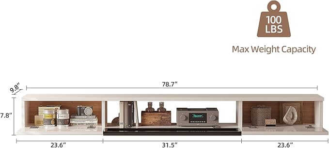 High Gloss Floating TV Stand,78'' Wall Mounted TV Console,Under TV Floating Shelf,Floating TV Cabinet with 3 Doors for Bedroom Living Room,White