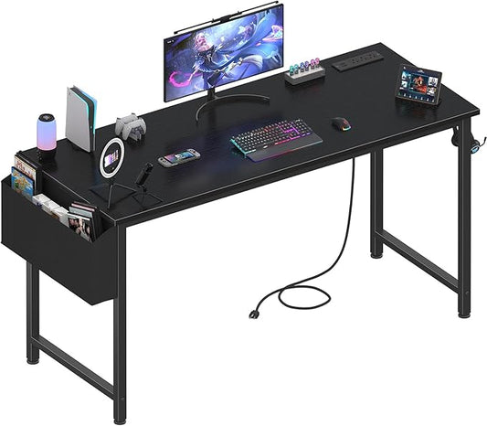 Lufeiya Gaming Desk with Power Outlet, 55 inch Teen Study Table Home Office Work Writing Computer Desks with Charging Station Outlets Built in, Black