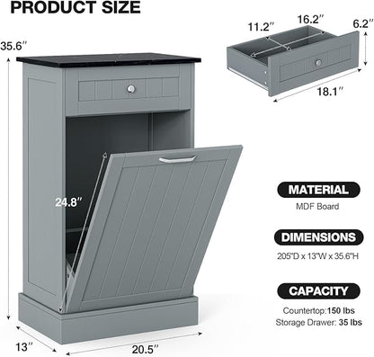GAZHOME 10 Gallon Tilt Out Trash Cabinet, Upgrade Wooden Free Standing Recyclin Trash Cabinet with Hideaway Drawer(Gray)