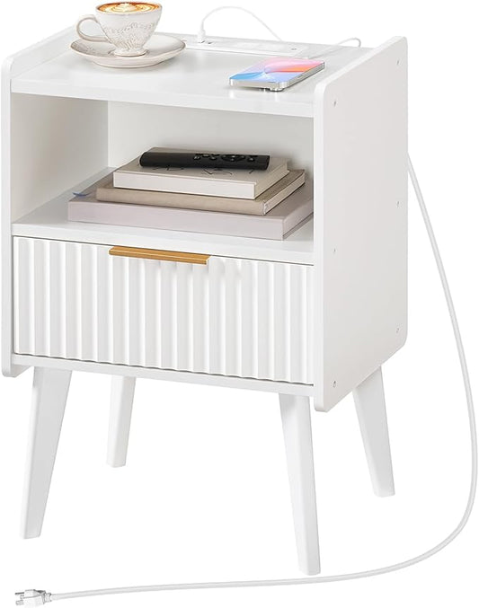 Fluted Nightstand, End Table, Small Modern Bedside Table with Charging Station, Side Table with Drawer, for Small Spaces, Bedroom, Living Room, White ETWT61E01N1